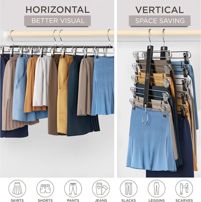 Detalle de MORALVE Skirt Hangers with Clips (European Beechwood) – Space-Saving 5-Tier Hanger, 2 Pack with 360° Swivel Hook