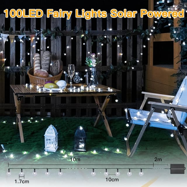 Detalle 2 de Ollny Solar Outdoor Garden Fairy Lights (12m, 100 LED, Cool White crystal ball) – IP65/IP44 globe string lights