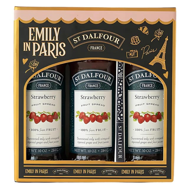 Detalle de St. Dalfour Fruchtaufstrich Geschenkset „Emily in Paris Edition“ – 100% Frucht, ohne Zuckerzusatz, glutenfrei (3×284 g, Erdbeere)