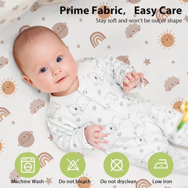 Detalle de FIEMOL Baby Spannbettlaken fürs Beistellbett 55×90 cm – 3er-Pack Mikrofaser (Orange, Sonne & Regenbogen)