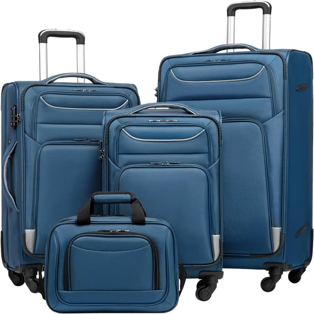 Detalle de COOLIFE Koffer-Trolley & Koffer-Set 4-tlg. mit TSA-Zahlenschloss (Oxford-Stoff, 4 Rollen) + Umhängetasche – blau/silber