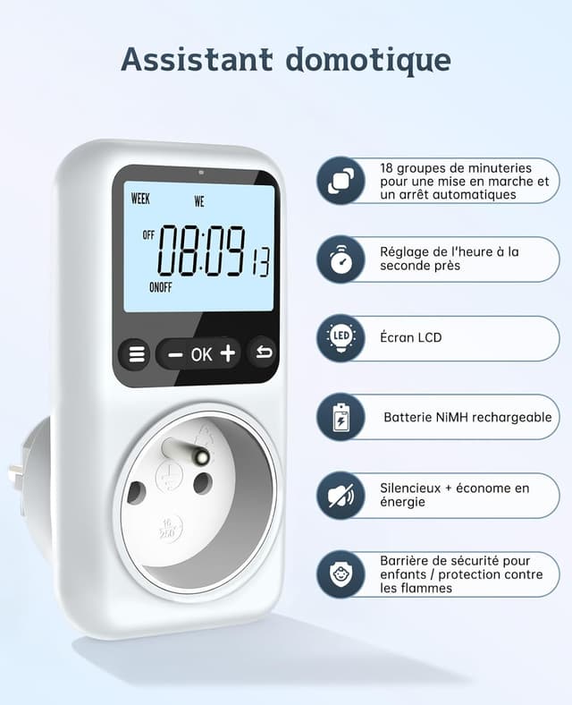 Detalle de Programmateur de prise électrique digital Voniobuy – écran LCD rétroéclairé et 18 programmes à la seconde