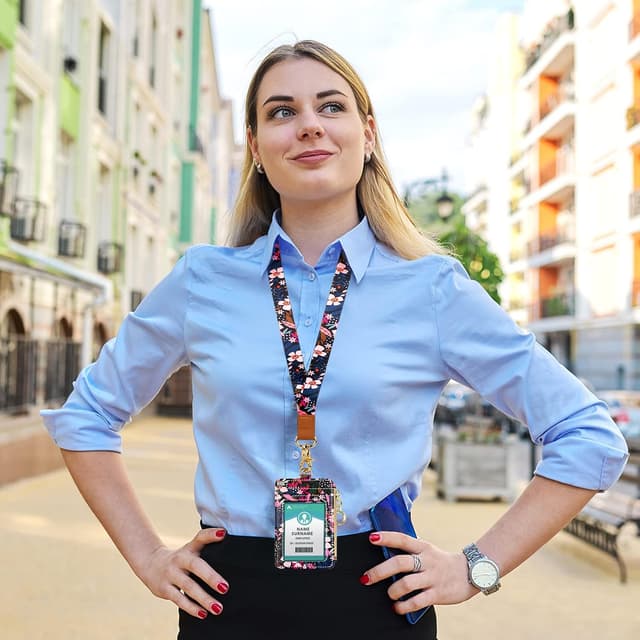 Detalle 2 de Porte badge tour de cou en cuir PU « Pink Flower » avec poche zippée (carte d’identité, carte d’étudiants, carte bus)
