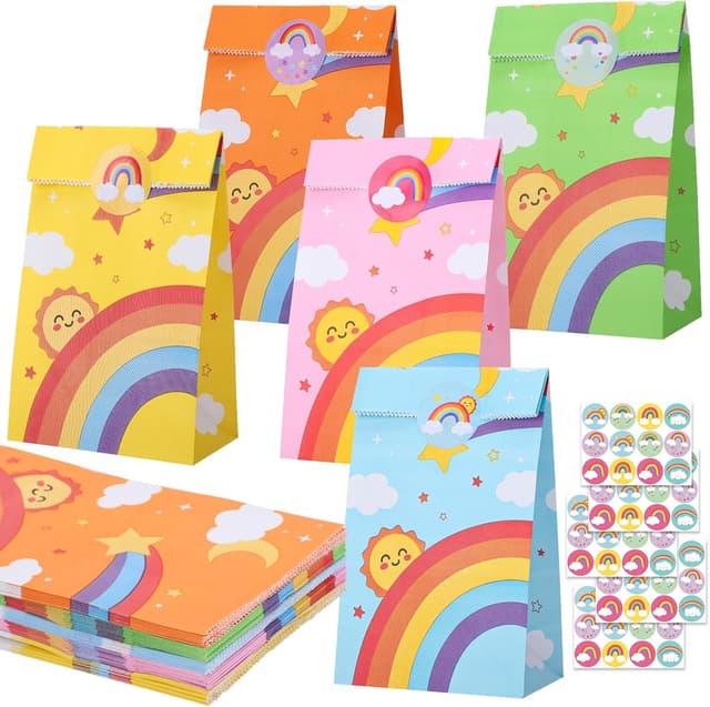 Detalle de woric 50 Geschenktüten Kindergeburtstag (Regenbogen) 22×12×7 cm mit 60 Aufklebern
