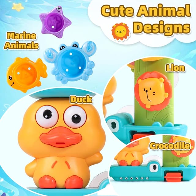Detalle 2 de Badewannenspielzeug für Babys ab 1 Jahr – Badespielzeug mit Ente/Löwe, Wasserrad und Saugnäpfen (3 Saugnäpfe, 3 Stapelbecher, Löffel)