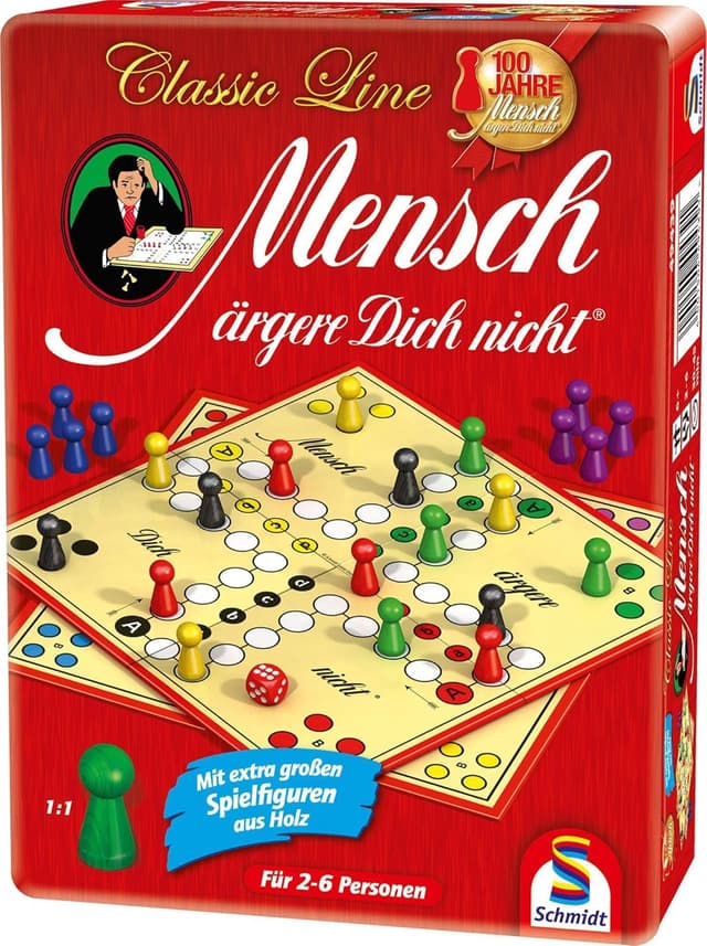 Detalle 2 de Schmidt Spiele 49439 „Mensch ärgere Dich nicht“ in der Metalldose – Classic Line mit extra großen Holzfiguren