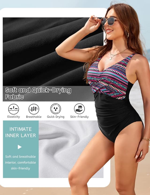 Detalle 2 de Vijamiy Damen-Badeanzug „Bauchweg“ mit Push-up, tiefem V-Ausschnitt und verstellbaren Trägern