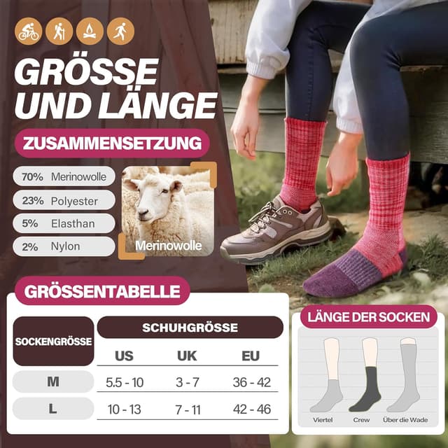 Detalle de MOSEY KOSY Merino Damen-Wandersocken (Thermosocken), 5 Paar – atmungsaktiv & gepolsterte Fußsohle