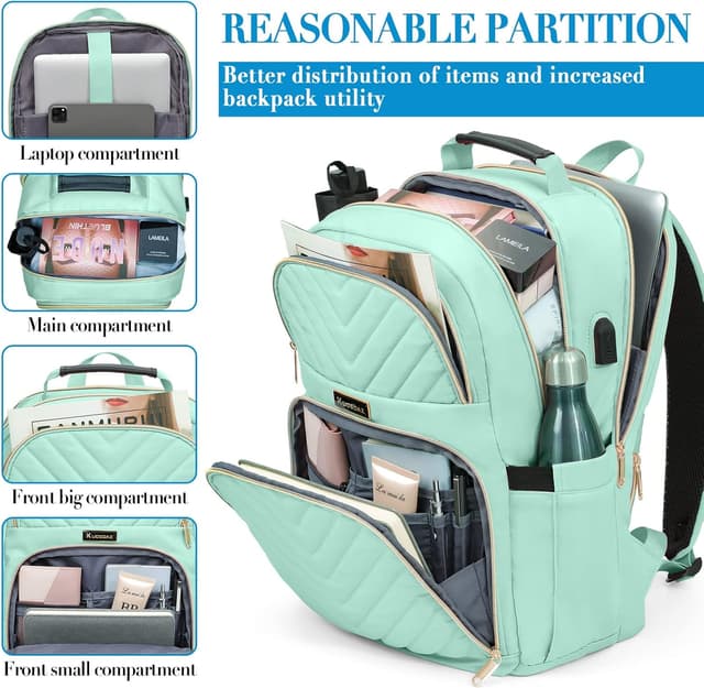 Detalle 2 de Travel Laptop Backpack for Teens (15.6 inch) with Charging Port, 25L Quilted Work Bag – Teal