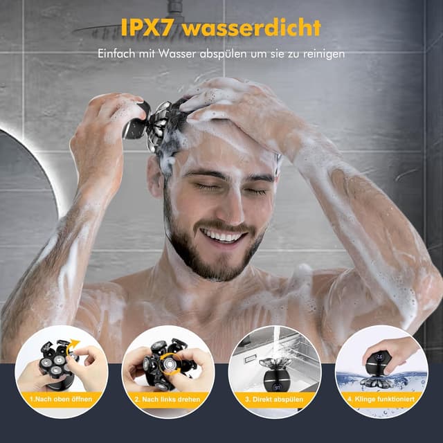 Detalle de ETENTOUS Glatzen Rasierer Herren elektrisch (7D Rotationsklingen) – IPX7 Nass & Trocken Rasierer mit 6-in-1 Set