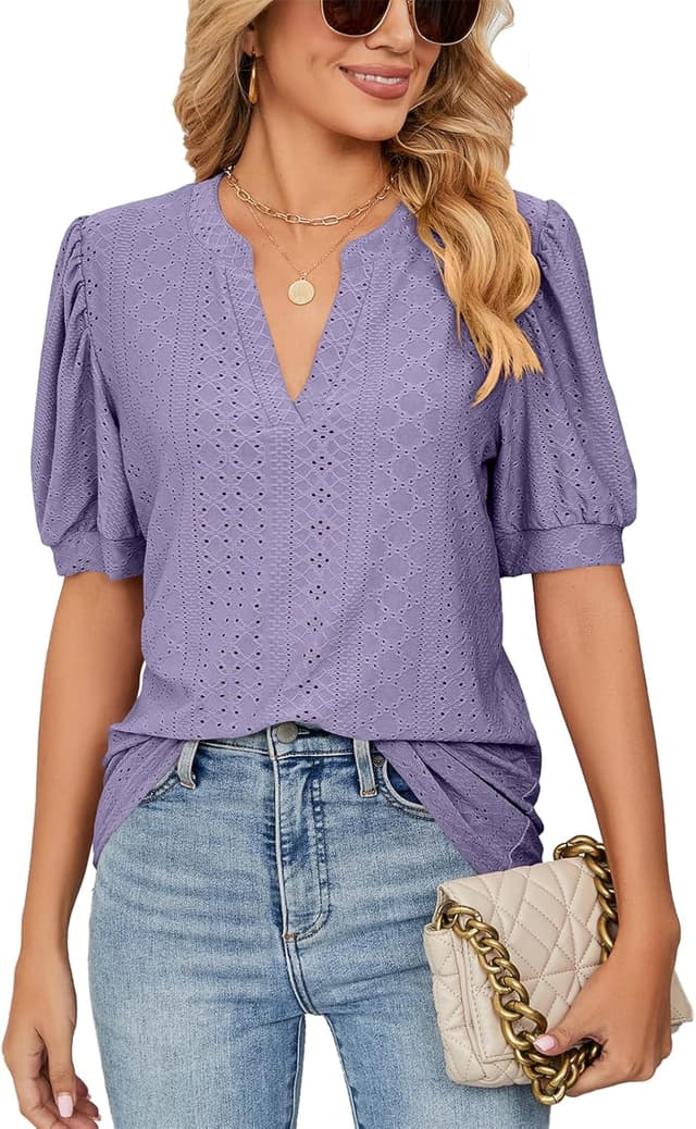 Detalle de EDOTON Donna maglietta con scollo a V e maniche a vescica, camicetta casual in poliestere (taglie S–XXL)