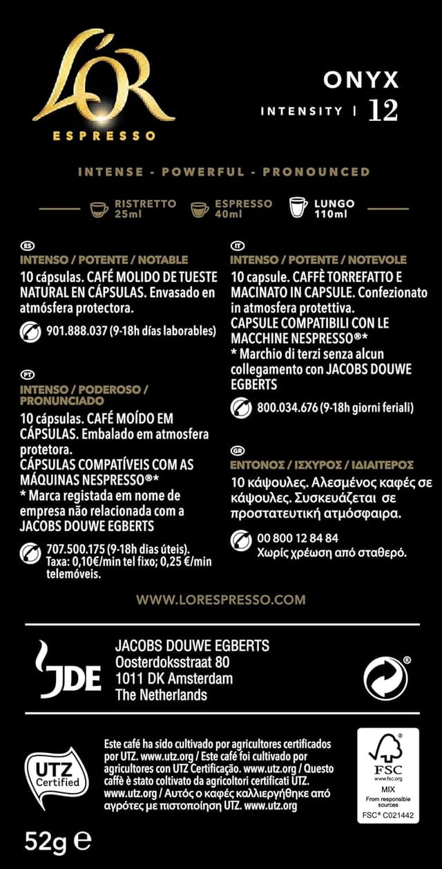 Detalle 2 de L'OR Espresso Onyx: 200 Cápsulas Intensidad 12 Compatible