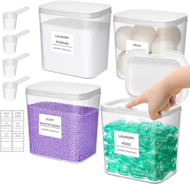 Detalle de Lifewit lot de 4 boîtes de rangement pour lessive en capsules, poudre et accessoires (contenants transparents, étiquettes et cuillères, 2700 ml)