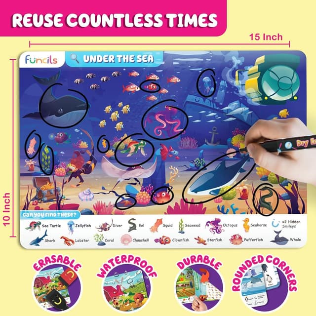 Detalle 2 de FunCils Preschool Learning Activities Search and Find – double-sided dry erase mat craft set for toddlers (ages 3–6)