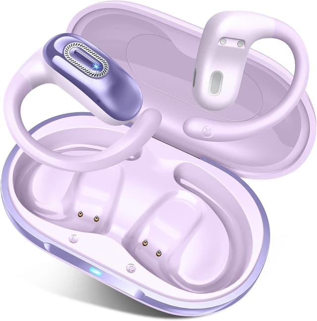 Detalle de Open Ear Kopfhörer Bluetooth 5.4 mit Ohrhaken, 4 ENC-Mikrofonen und IPX7 (lila)