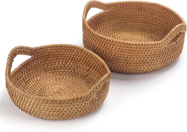 Detalle 2 de Handgewebte Rattan-Brotkörbe mit Griffen (2er-Set) – Obstkorb & Servierkorb für Küche und mehr