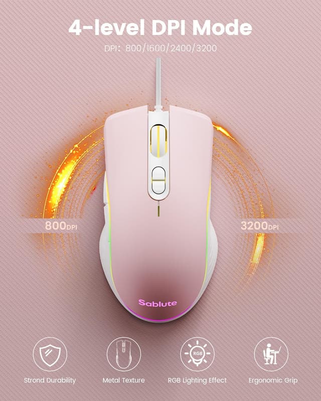 Detalle de SABLUTE Wired Gaming Keyboard and Mouse (Pink) with RGB, Multimedia Knob, and Anti-Ghosting
