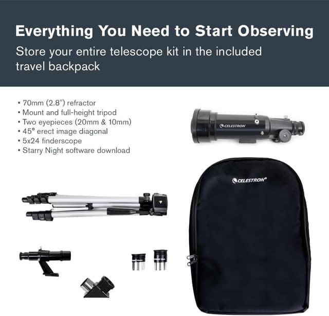 Detalle de Celestron Travel Scope 70 (21035) — kit télescope réfracteur portable avec sac à dos