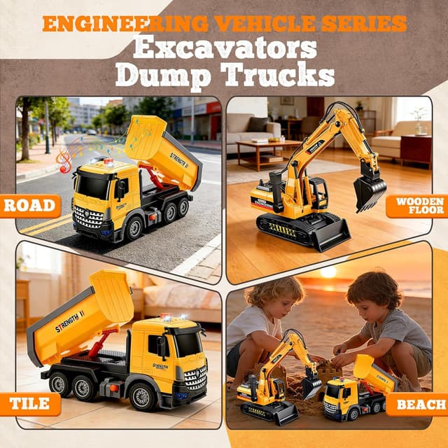 Detalle de EUTOYZ construction toy car set with excavator and dump truck (with music & lights) for ages 2–7