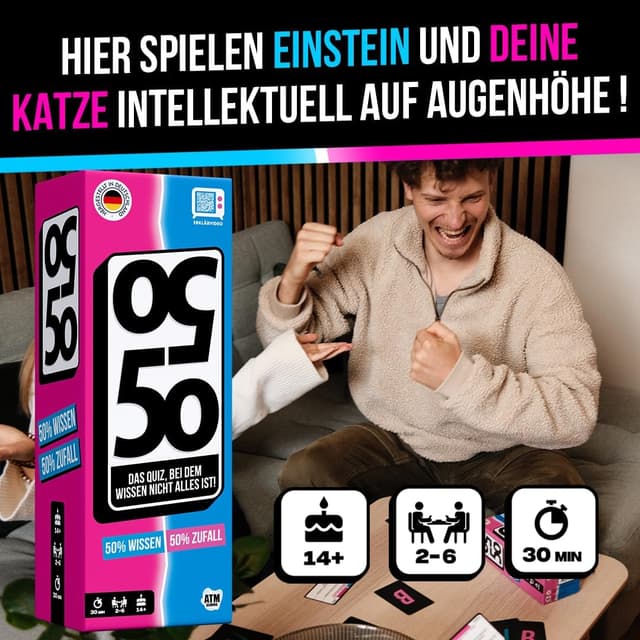 Detalle 2 de ATM Gaming 5050-50% Wissen / 50% Zufall – Das lustige Quizspiel als Kartenspiel für 2 bis 6 Spieler ab 14 Jahren