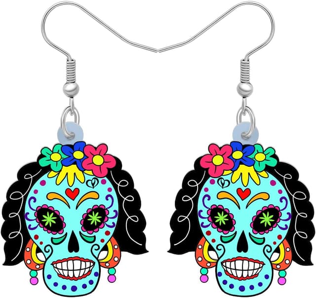 Detalle de LONYOO Acryl-Schädel-Ohrhänger für Halloween und „Tag der Toten“ – leicht, beidseitig bedruckt, mit Samtbeutel