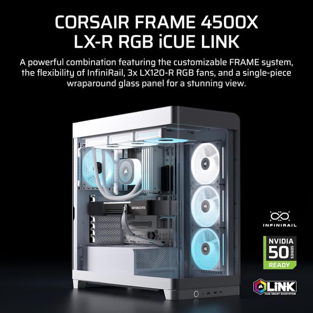 Detalle de Corsair Frame 4500X LX-R RGB LINK mid-tower PC case (InfiniRail, panoramic glass, 3x LX120R fans) – White