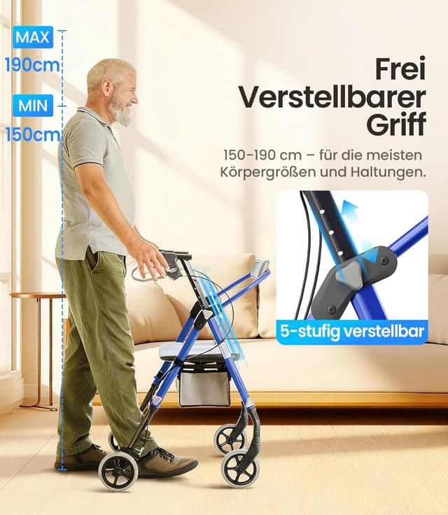 Detalle de VOCIC Z11 Rollator faltbar mit Sitz (max. 172 kg) – schmal für die Wohnung, höhenverstellbar