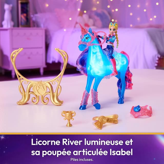 Detalle 2 de Unicorn Academy – L’École des Licornes : playset interactif River & Isabel, licorne lumineuse et poupée à collectionner