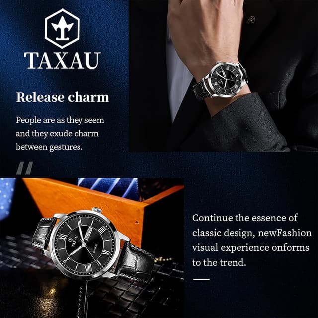 Detalle 2 de Taxau Klassische Herren-Lederuhr mit Quarzwerk, analogem Zifferblatt und Datums-/Wochentagsanzeige