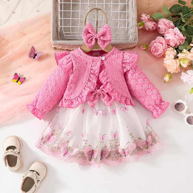 Detalle de OMEWEE 3-piece girls fall outfit set – floral cardigan dress with butterfly print and headband