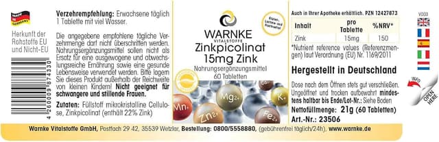 Thumbnail 1 de Warnke Vitalstoffe Picolinato de Zinc 15mg 60 comprimidos Calidad alemana 💊