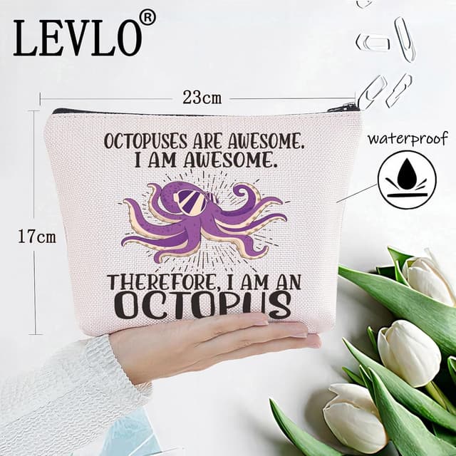 Detalle de LEVLO Octopus Cosmetic Makeup Bag – cotton canvas zipper pouch for octopus fans