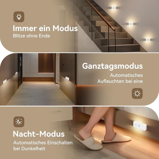 Detalle de WUYOR Nachtlicht mit Bewegungsmelder für Treppe & Flur, wiederaufladbar, 3 Farbtemperaturen (3er-Set)