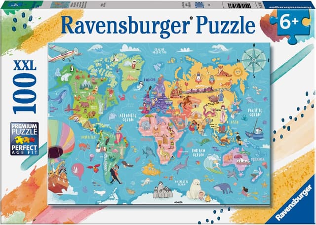 Detalle de Ravensburger Map of the World 100‑Piece Jigsaw Puzzle (Kids 6+), Colourful XXL World Map
