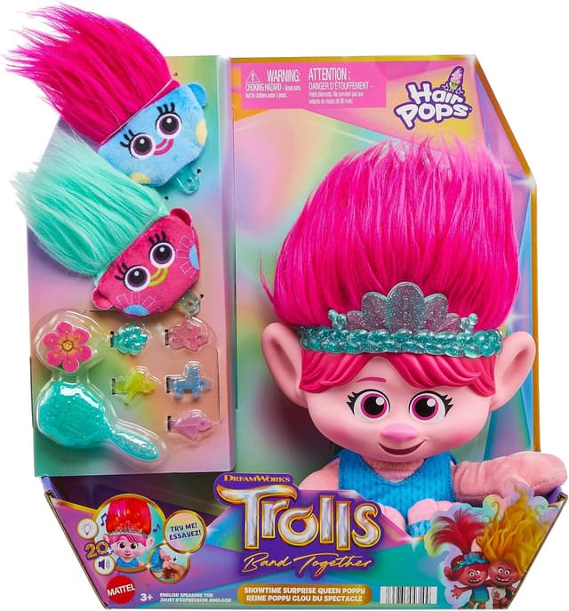 Detalle 2 de DreamWorks Trolls Band Together Hair Pops Showtime Surprise Queen Poppy plush toy (14 inch) with lights & sounds