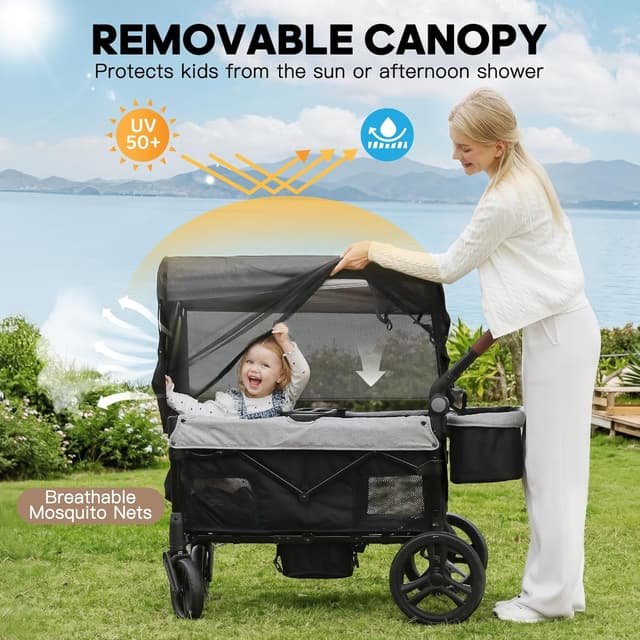 Detalle 2 de ELEMARA All-Terrain Stroller Wagon for 2 Kids (Foldable, Mosquito Net, Adjustable Push/Pull Handle)