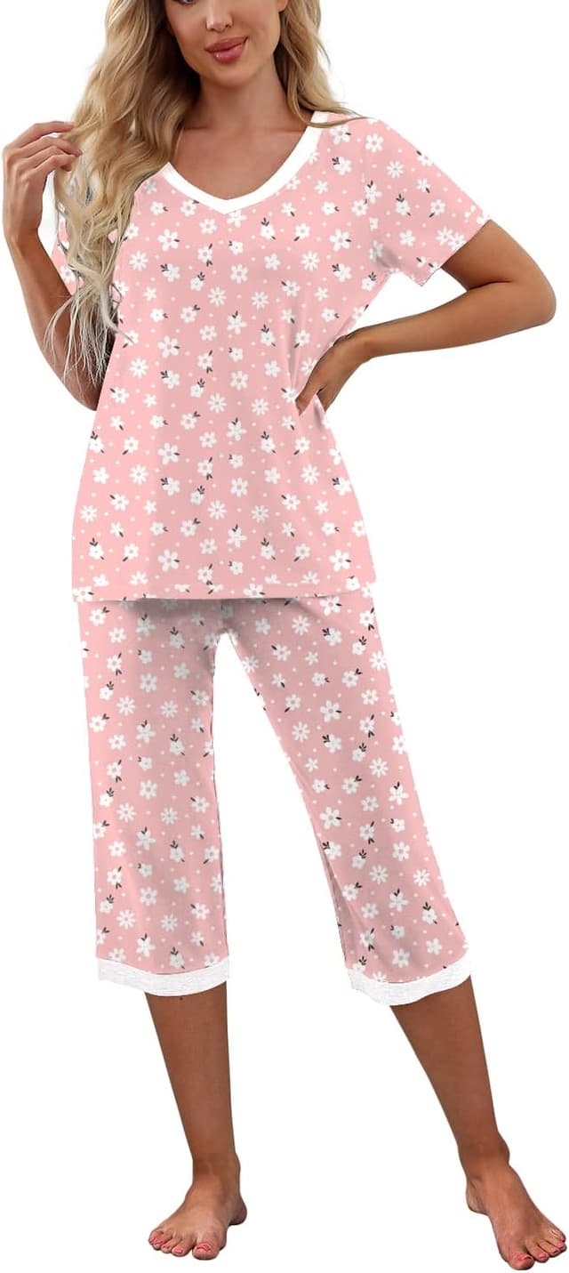 Detalle 2 de PrinStory women’s short sleeve pyjamas set with capri bottoms and pockets (rayon blend)