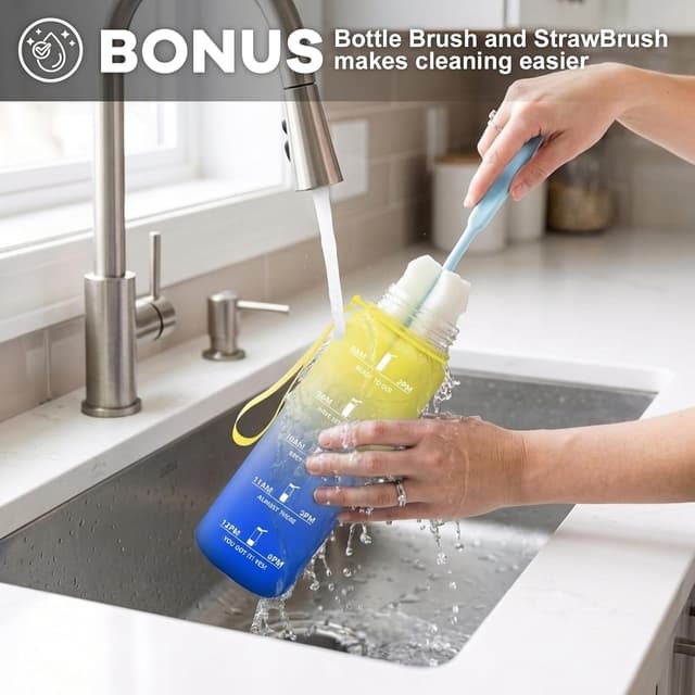 Detalle de JAPORIA Auslaufsichere Trinkflasche 1 l mit Strohhalm, Kohlensäure geeignet & Zeitmarkierung