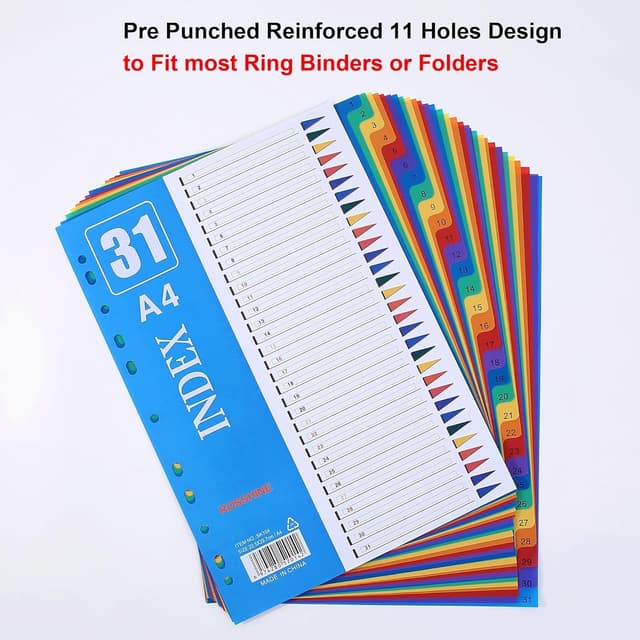Detalle de 1–31 Part File Dividers A4 (5 Pack) PVC plastic dividers for ring binders with 11 holes and content list