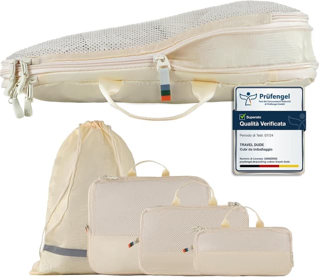 Detalle de Travel Dude TRAVEL DUDE Organizer Valigia con compressione e packing cubes (set da 4) beige sabbia