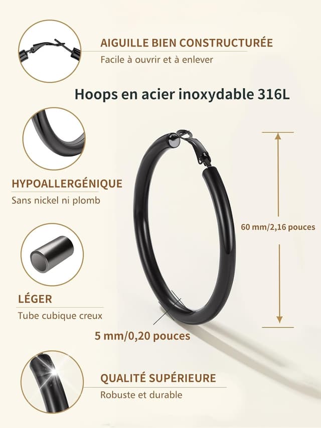 Detalle de FindChic créoles en acier inoxydable femme 20/30/40/60/80 mm (argenté, doré, noir) avec fermoir à homard