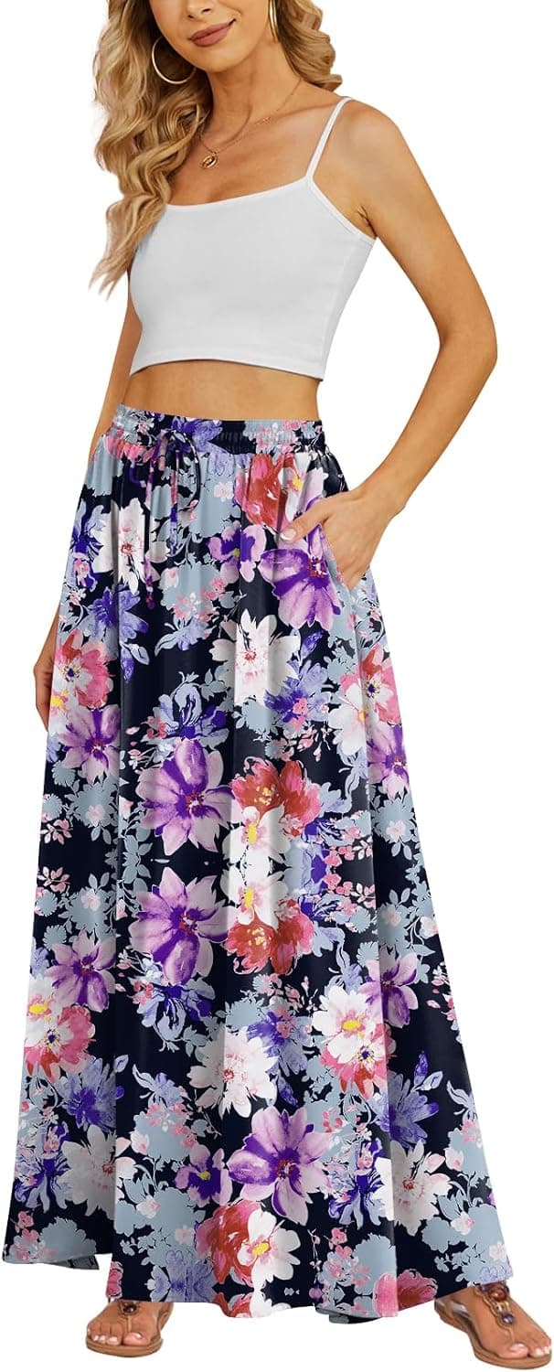 Detalle de Yincro Women’s Flowy Maxi Skirt with Pockets (Pleated, High-Waisted, Chiffon)