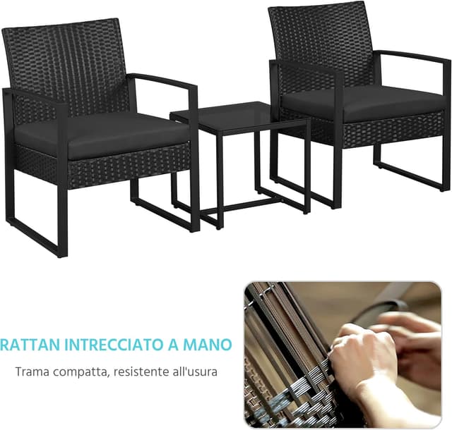 Detalle 2 de Yaheetech set mobili da giardino in poly rattan con 2 sedie e tavolino per balcone, nero con cuscini