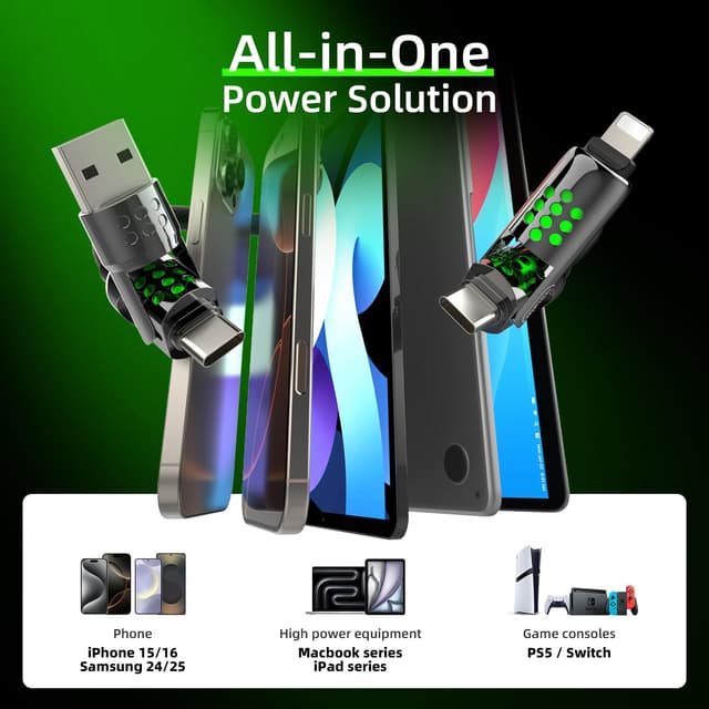 Detalle de MFish 4-in-1 Fast Charging Cable with Case (6.6FT, 240W Max PD 3.1) USB-A/USB-C to USB-C/Lightning, RGB Light, CarPlay Compatible, Black