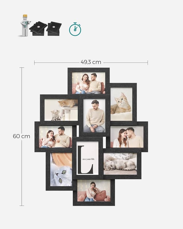 Detalle de SONGMICS Black Collage Photo Frame (family frame for 10 photos, 4x6 inch) – MDF board, assembly required