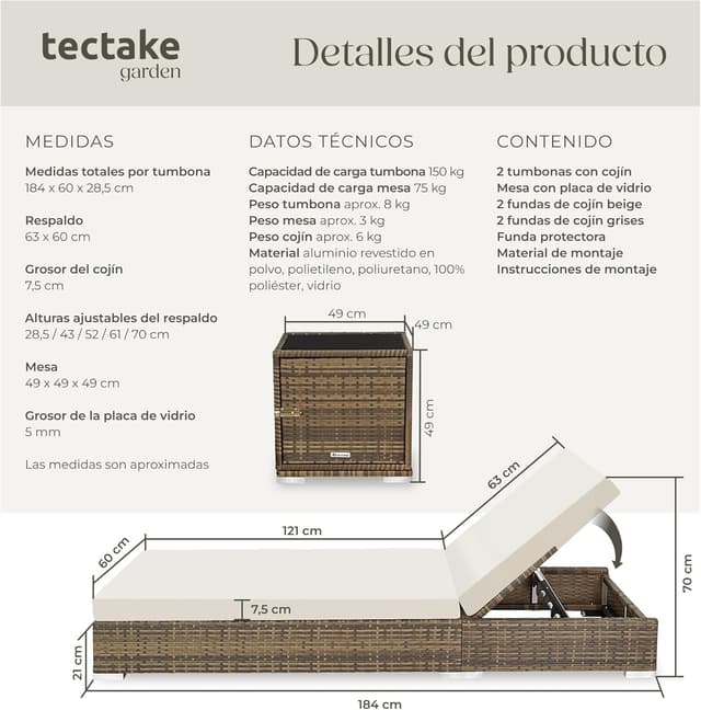 Thumbnail 6 de tectake® Set 2 tumbonas ratán con mesa