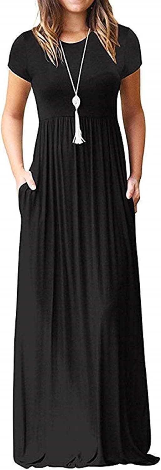 Detalle de AUSELILY Women's Classic Short Sleeve Loose Maxi Dress with Pockets (Jersey, Elastic Waist)