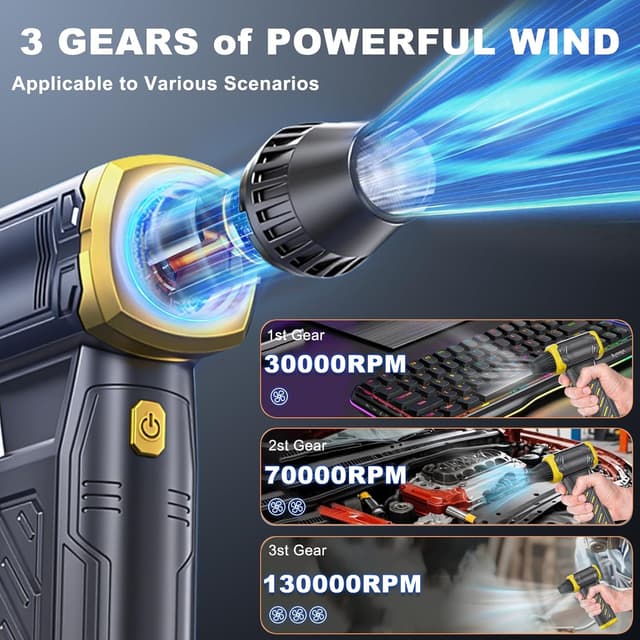 Detalle 2 de Soffiatore Aria Compressa elettrico ricaricabile con batteria 8.000 mAh fino a 130.000 rpm (senza fili, 3 velocità) per tastiere e auto