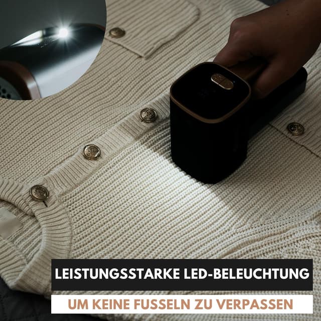 Detalle de WiredLux elektrischer Fusselrasierer – wiederaufladbarer Flusenentferner für Kleidung & Möbel mit LED-Licht (Onyx/Gold)