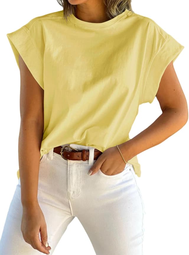 Detalle de Tankaneo Women’s Cap Sleeve Tank Top (Crew Neck) — Solid Loose-Fit Basic Tee